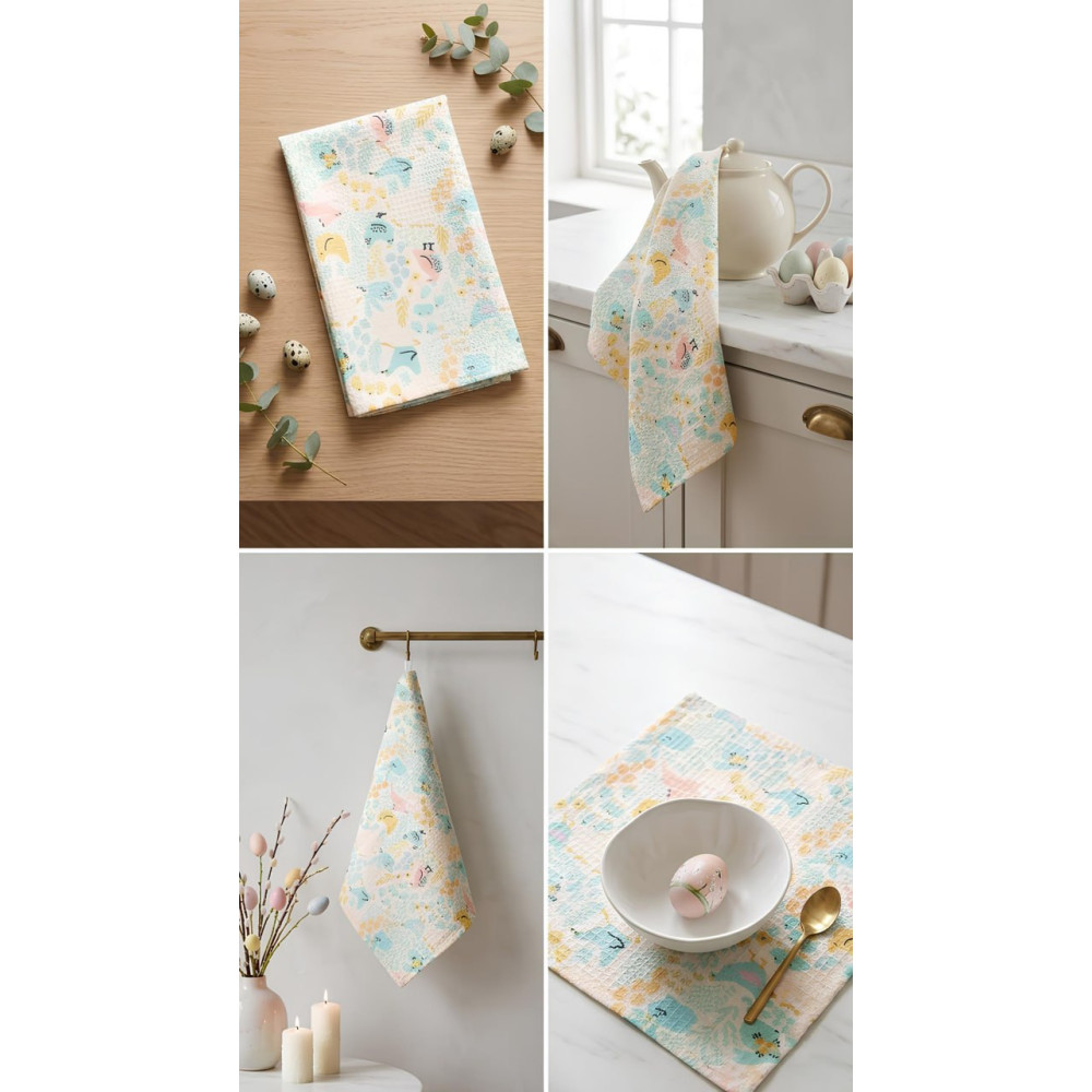 Waffle Kitchen Towel Emily Chickens and Bunnies Easter 30x50 cm turquoise (2800005086140)