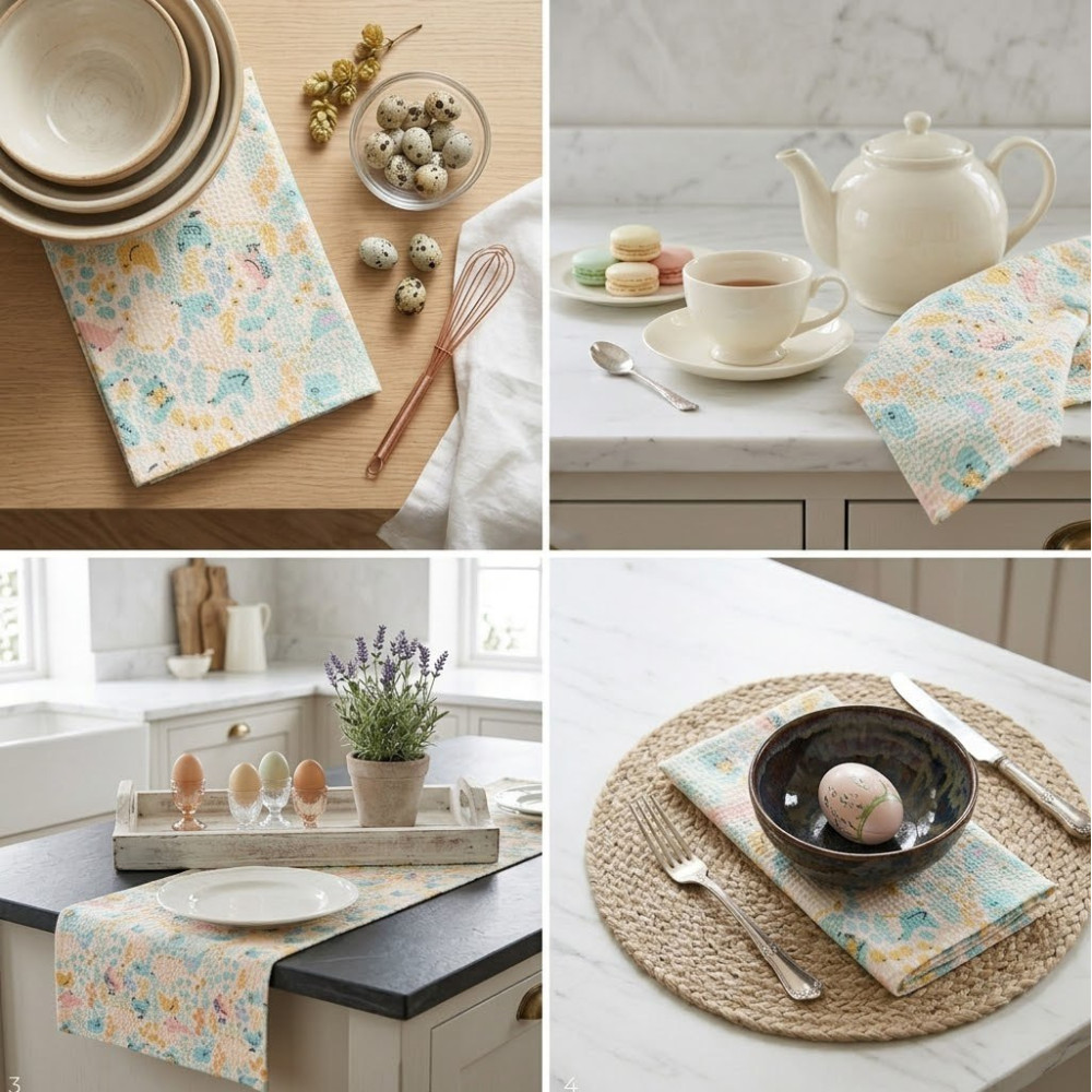 Waffle Kitchen Towel Emily Chickens and Bunnies Easter 30x50 cm turquoise (2800005086140)