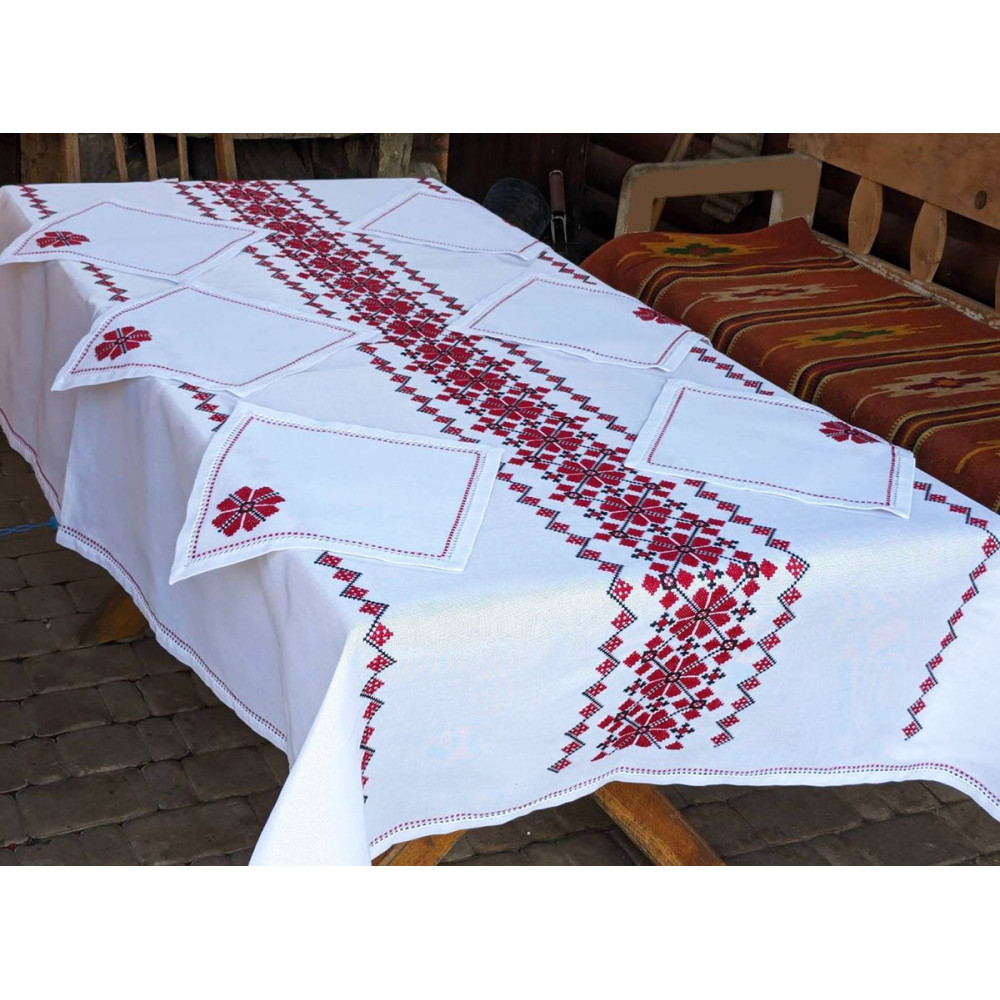Tablecloth with napkins 6 pcs SoundSleep Our Traditions hand embroidery 140x240 cm white with red (2800004806558)