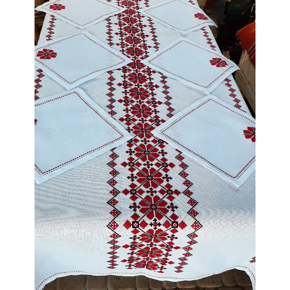 Tablecloth with napkins 6 pcs SoundSleep Our Traditions hand embroidery 140x240 cm white with red (2800004806558)