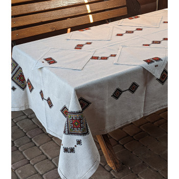 Tablecloth SoundSleep Ethno hand embroidery linen 140x240 cm sand with red (2800004806565)