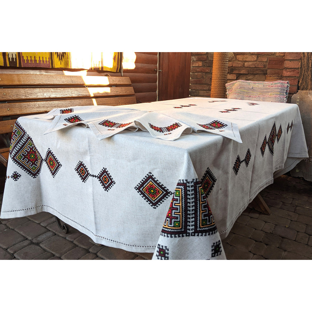 Tablecloth SoundSleep Ethno hand embroidery linen 140x240 cm sand with red (2800004806565)
