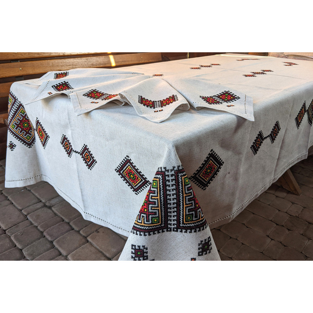 Tablecloth SoundSleep Ethno hand embroidery linen 140x240 cm sand with red (2800004806565)