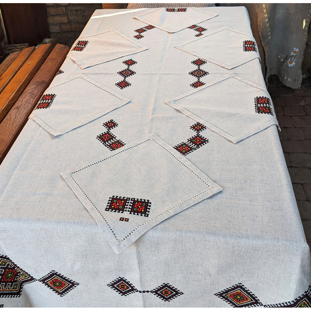 Set of napkins 6 pcs SoundSleep Ethno hand embroidery linen 30x30 cm sand with red (2800004806572)