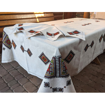 Tablecloth with napkins SoundSleep Ethno hand embroidery linen 140x240 cm sand with red (2800004806589)