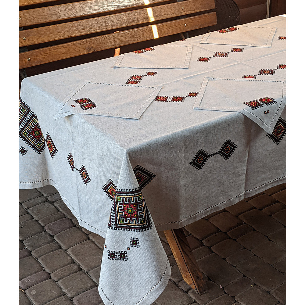 Tablecloth with napkins SoundSleep Ethno hand embroidery linen 140x240 cm sand with red (2800004806589)