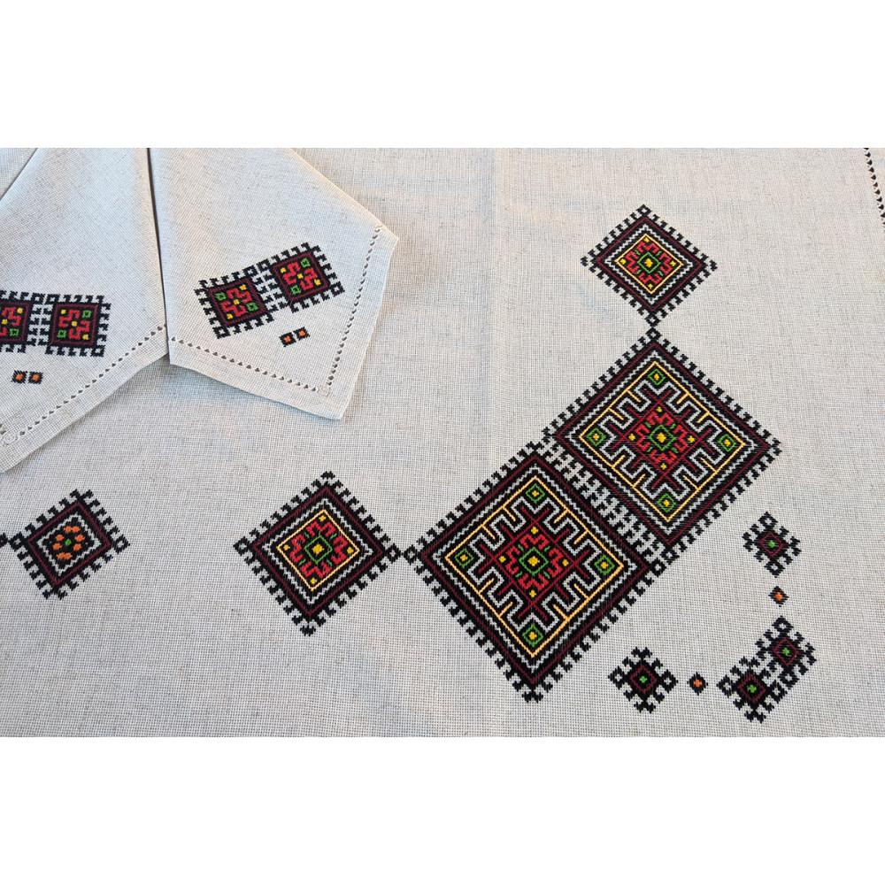 Tablecloth with napkins SoundSleep Ethno hand embroidery linen 140x240 cm sand with red (2800004806589)