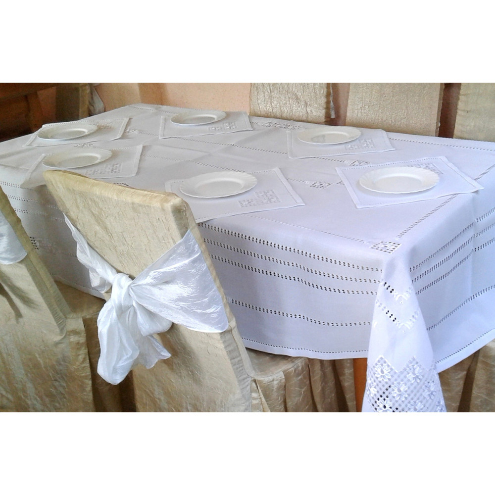 Tablecloth with napkins 6 pcs SoundSleep Wedding Traditions hand embroidery with cutting 140x240 cm white (2800004806602)
